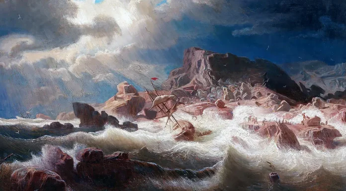 “Paolo e Virginia” di Henri Bernardin de Saint-Pierre Stormy sea with ship wreck, Marcus Larson (1857)