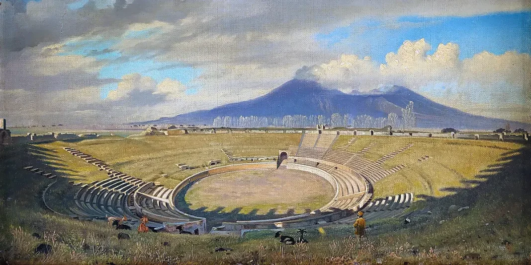 NIELS FRISTRUP. Amphitheatre in Pompeii with Vesuvius in the background.