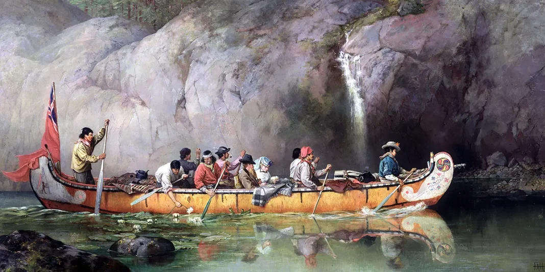 Frances Anne Hopkins (1838–1919), Canoe Manned by Voyageurs Passing a Waterfall (Canada) (1869)