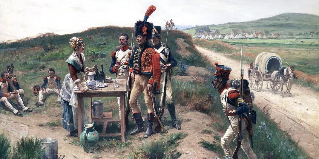 Soldiers taking a break by a female sutler (unknown date), by Adrien Moreau