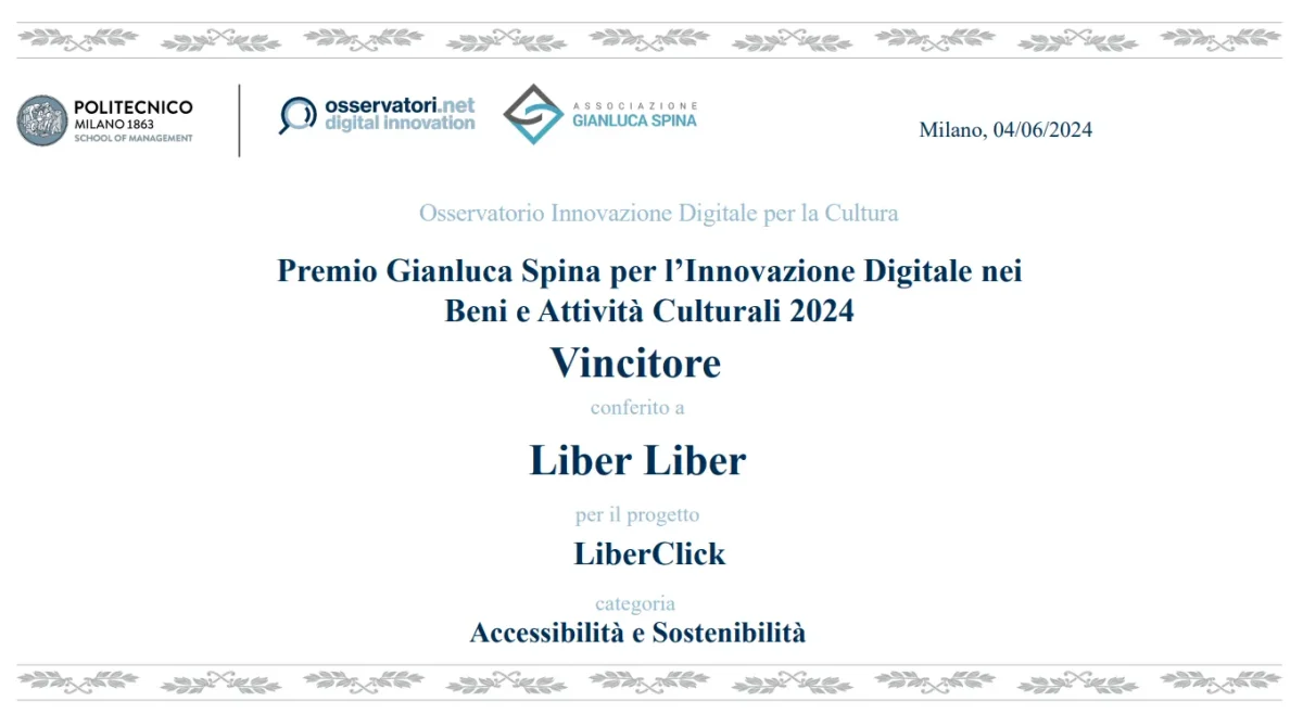 L'attestato del Premio Spina 2024 conferito a Liber Liber