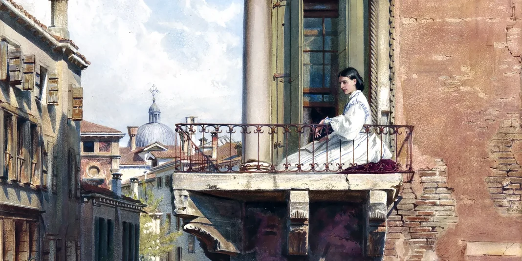 Anna Passini on the balcony of Palazzo Priuli in Venice. Ludwig Passini