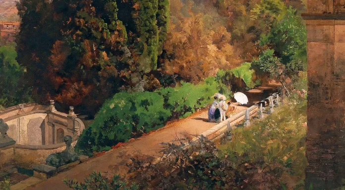 “Il crepuscolo degli dei” di Diego Angeli Oswald Achenbach – A view of the garden of Villa d’Este in Tivoli, near Rome