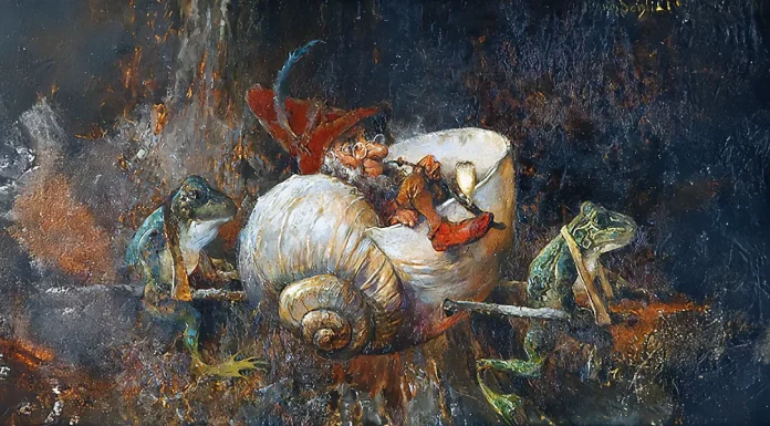 “Le ranocchie turchine” di Enrico Cavacchioli “Gnome in a snail shell sedan chair carried by two frogs”. Heinrich Schlitt