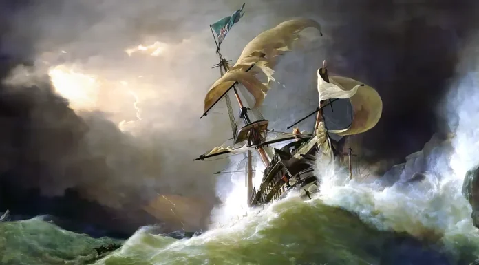 “Der fliegende Holländer” di Richard Wagner George Philip Reinagle – A First rate Man-of-War driven onto a reef of rocks, floundering in a gale