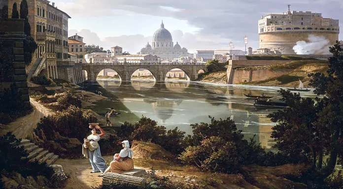 “Tosca” di Giacomo Puccini Roma, veduta verso il fiume Tevere, Castel Sant’Angelo e Basilica di San Pietro. Rudolf Wiegmann