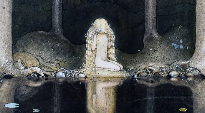 “I troll”di Giovanni Cau “Princess Tuvstarr gazing down into the dark waters of the forest tarn”. John Bauer