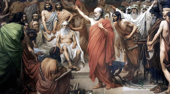 “L’apologia di Socrate” di Plato (Platone) Socrates Address by Belgian artist Louis Joseph Lebrun, 1867