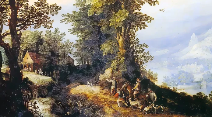 “Der Freischütz, op. 77” di Carl Maria von Weber “Forest landscape with hunters on a road and a view of a valley”. Jan Brueghel the Elder