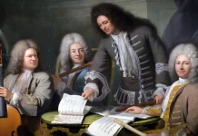 “3e suite en ré majeur pour flûte, viole et clavecin” di Marin Marais The Composer Michel De La Barre Directing Marin Marais and the Ordinary Flutists of the King’s Chamber by André Bouys