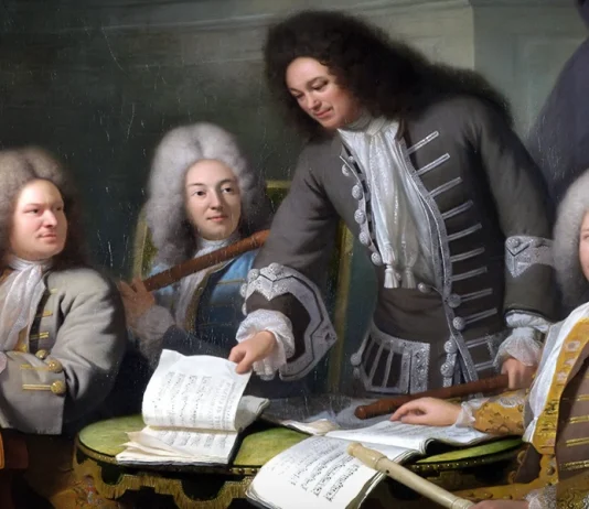 “3e suite en ré majeur pour flûte, viole et clavecin” di Marin Marais The Composer Michel De La Barre Directing Marin Marais and the Ordinary Flutists of the King’s Chamber by André Bouys