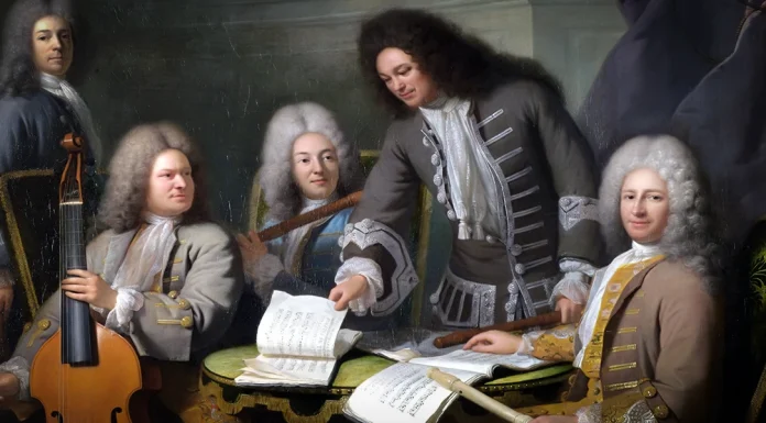 “3e suite en ré majeur pour flûte, viole et clavecin” di Marin Marais The Composer Michel De La Barre Directing Marin Marais and the Ordinary Flutists of the King’s Chamber by André Bouys