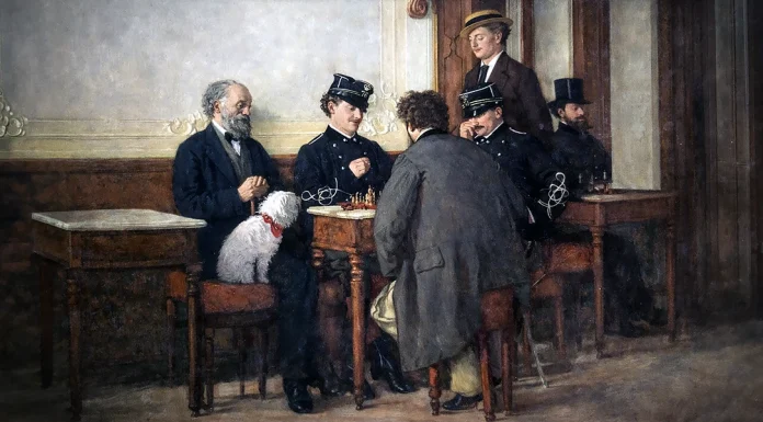 “Il prete, il carabiniere e la vittima” di Nicola Del Vecchio Giacomo Favretto. Partita a Scacchi (elaborazione)