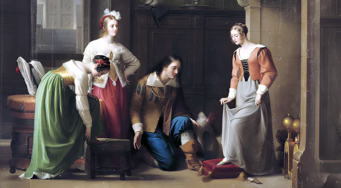 “Il principe che imparò tutto dai libri ; Cenerentola” di Jacinto Benavente Cendrillon essayant la pantoufle de verre, 1818, peinture de Jean-Antoine Laurent