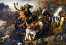 “La venuta dei Normanni in Sicilia nella poesia e nella leggenda” di Michele Catalano Roger I of Sicily at the Battle of Cerami in 1061. Artist: Lafaye, Prosper (1806-1883)