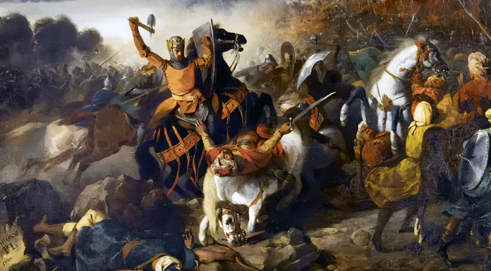 “La venuta dei Normanni in Sicilia nella poesia e nella leggenda” di Michele Catalano Roger I of Sicily at the Battle of Cerami in 1061. Artist: Lafaye, Prosper (1806-1883)
