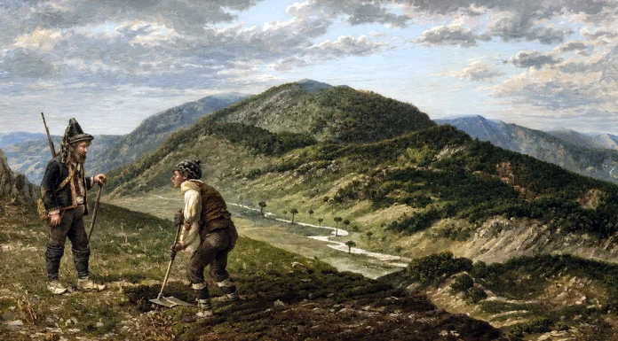 “La quistione della Sila” di Lorenzo Agnelli Contadini al lavoro, con Montenero sullo sfondo, Sila, Calabria, Italia, disegno di Giuseppe Cosenza, incisione tratta da L’Illustrazione Italiana, n. 18, 1 maggio 1881.