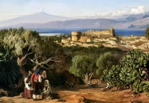 “Donne ed industrie nella provincia di Reggio Calabria” di Clelia Pellicano (alias Jane Grey) Edward Lear, veduta di Reggio e dello stretto di Messina, 1852, pittura a olio su tela, Tate Britain, National Gallery of British Art, Londra, Inghilterra