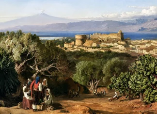 “Donne ed industrie nella provincia di Reggio Calabria” di Clelia Pellicano (alias Jane Grey) Edward Lear, veduta di Reggio e dello stretto di Messina, 1852, pittura a olio su tela, Tate Britain, National Gallery of British Art, Londra, Inghilterra