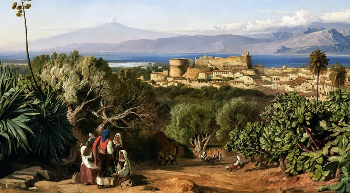 “Donne ed industrie nella provincia di Reggio Calabria” di Clelia Pellicano (alias Jane Grey) Edward Lear, veduta di Reggio e dello stretto di Messina, 1852, pittura a olio su tela, Tate Britain, National Gallery of British Art, Londra, Inghilterra
